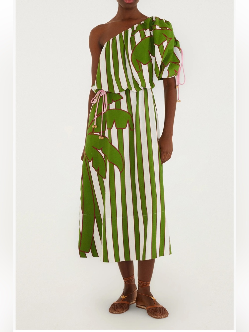FARM Rio Green and White One-Shoulder Striped Midi Dress  Size M
